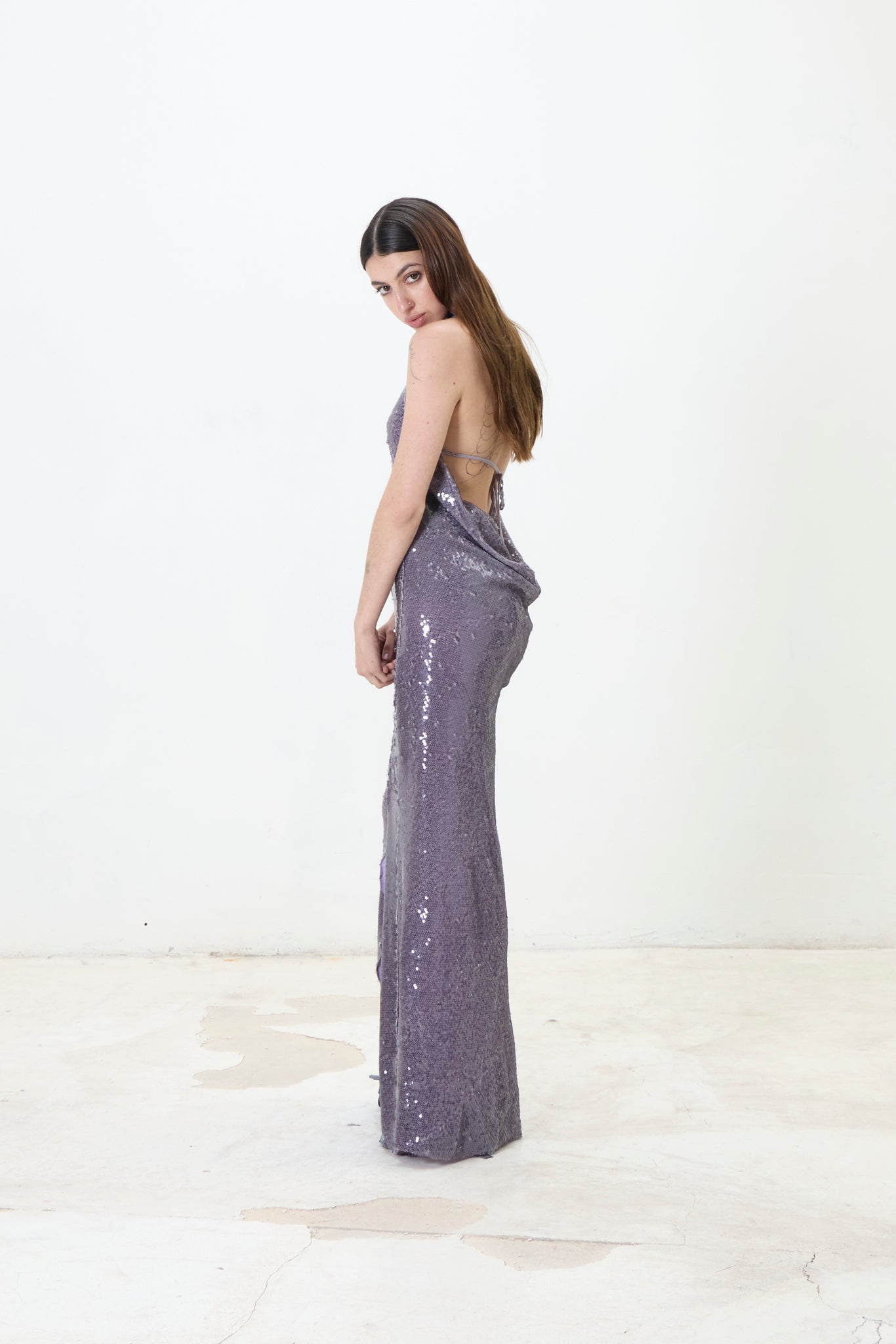 Duo drape pailettes dress